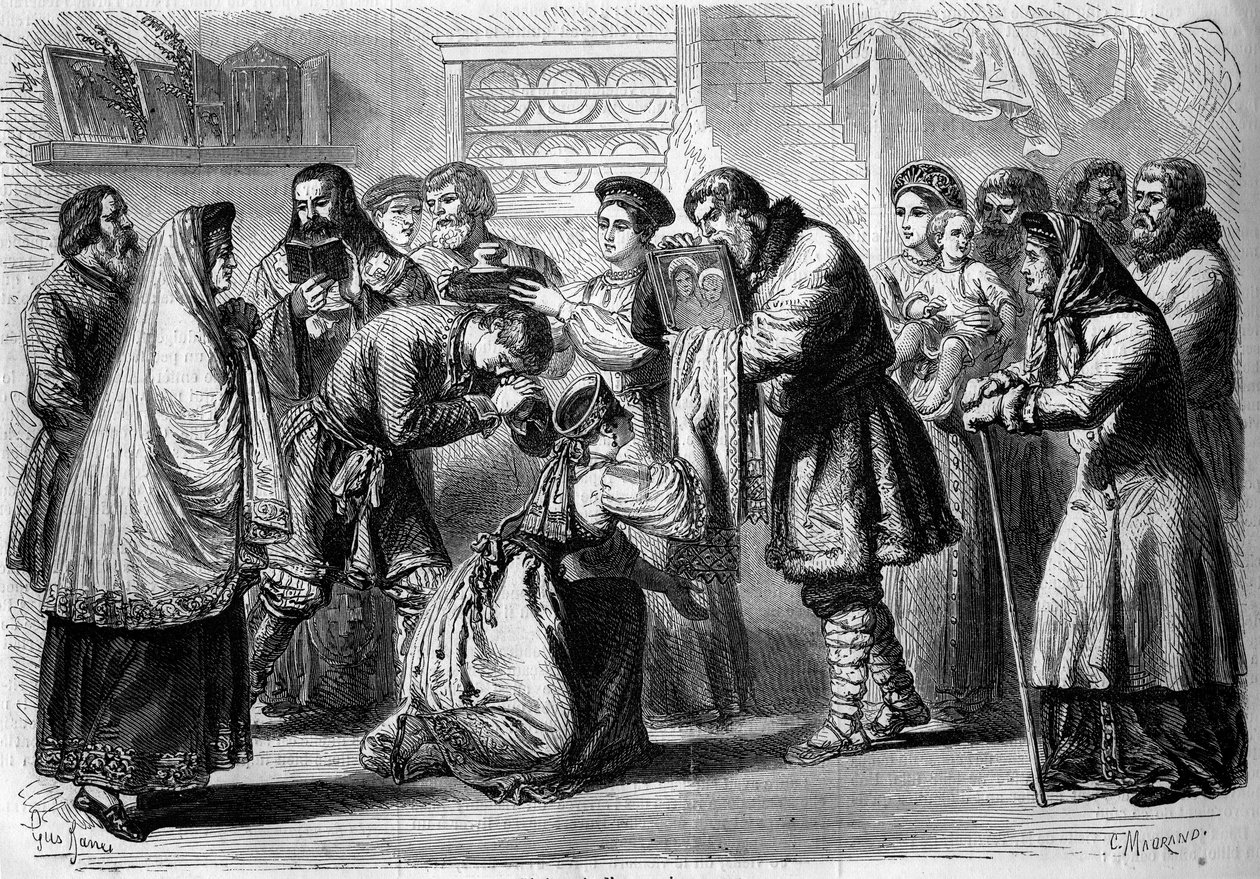 Orosz szokás - Esküvő - 1860: esküvő előtti szertartás. Keresztapa és keresztanya áldja meg a jövőbeli házasságokat. A keresztapa Krisztus vagy a Szűz képét mutatja be nekik, a vallási felszentelés szimbólumát. A keresztanya kenyeret és sót tart a feje föl alkotó: French School