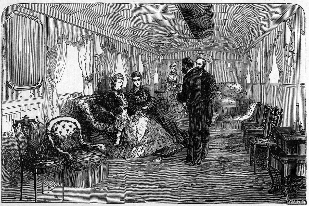 Edinburgh hercege és hercegnéja által 1874-ben használt orosz birodalmi vonat: a szalonkocsi. Metszet a „” Le Monde Illustré”” 886. számában, 1874. április 6. alkotó: French School