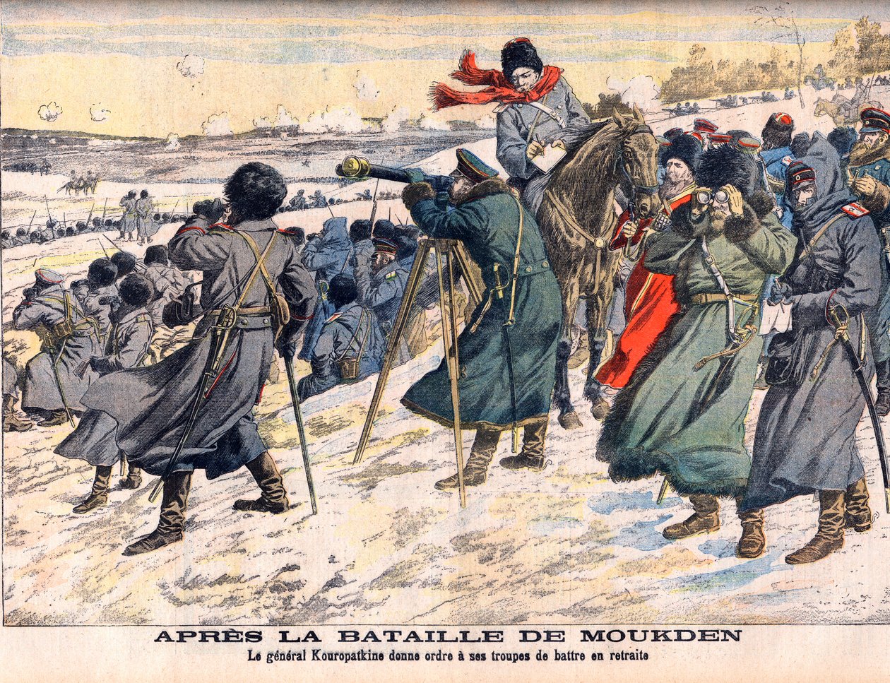 Orosz-Japán háború – A mukdeni csata után Kuropatkin orosz parancsnok elrendelte serege visszavonulását. Orosz-japán háború (1904-1905) – A mukdeni csata után. Kuropatkin tábornok visszavonulásra utasítja csapatait. Illusztráció Le p alkotó: French School