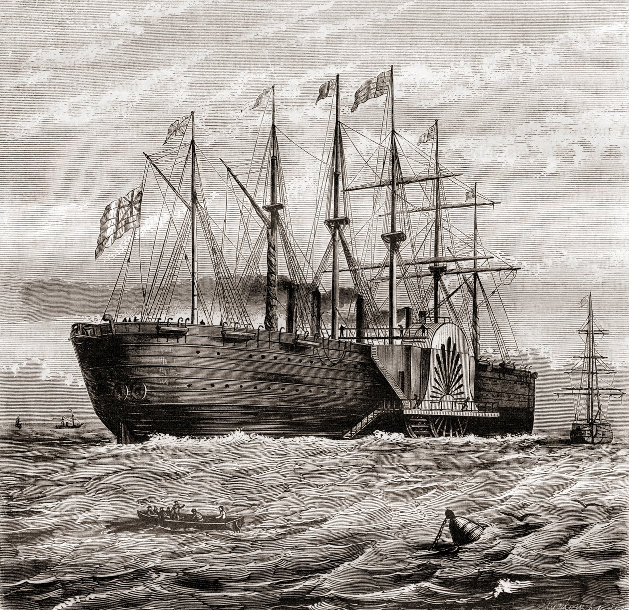 SS Great Eastern, vasvitorlás gőzhajó, amelyet Isambard Kingdom Brunel tervezett, a Les Merveilles de la Science-ből, megjelent 1870 körül (metszet) alkotó: French School