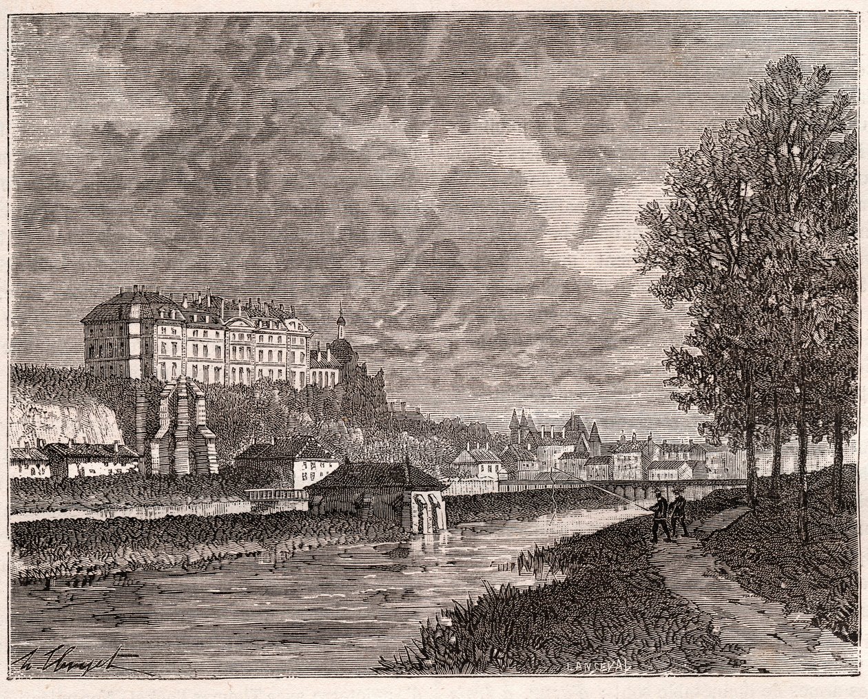 Sable-sur-Sarthe (Sable sur Sarthe) - metszet a „La France illustree: földrajz, történelem, statisztikai adminisztráció”-ban, V.A. Maláta-barna. 1884 alkotó: French School