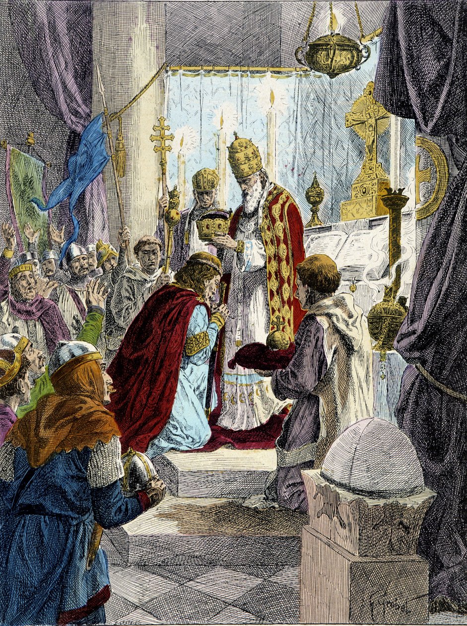 Nagy Károly (742 - 814) szent (koronázása) 800-ban III. Leó pápa által. alkotó: French School