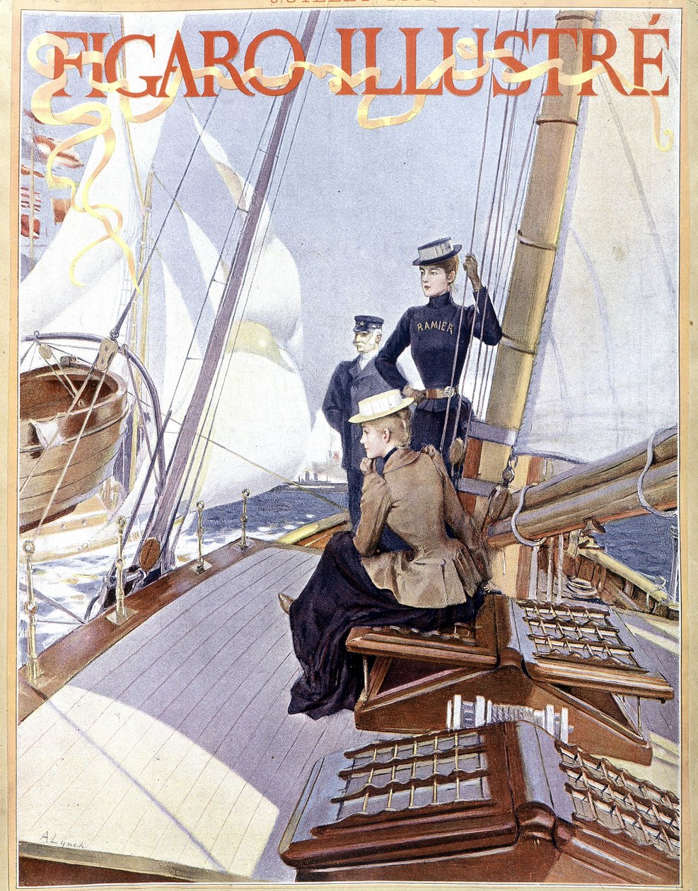 Vitorlázás: nők egy csónak fedélzetén – 1891-es Arts Deco „Figaro illusztrált” rajza. alkotó: French School