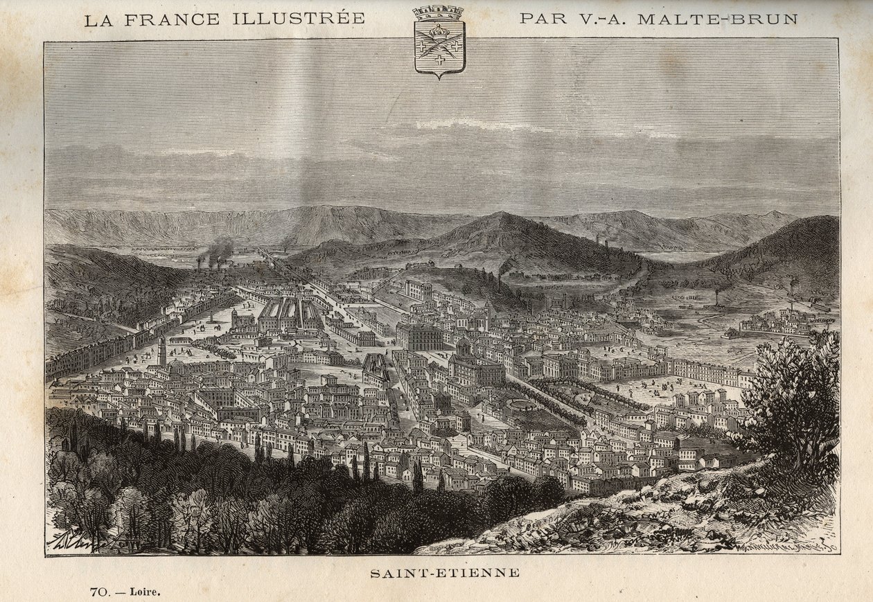 Saint-Etienne (Saint Etienne) - metszet "" France illustree: földrajz, történelem, statisztikai közigazgatás"" V.-A. Maláta-barna. 1884 alkotó: French School