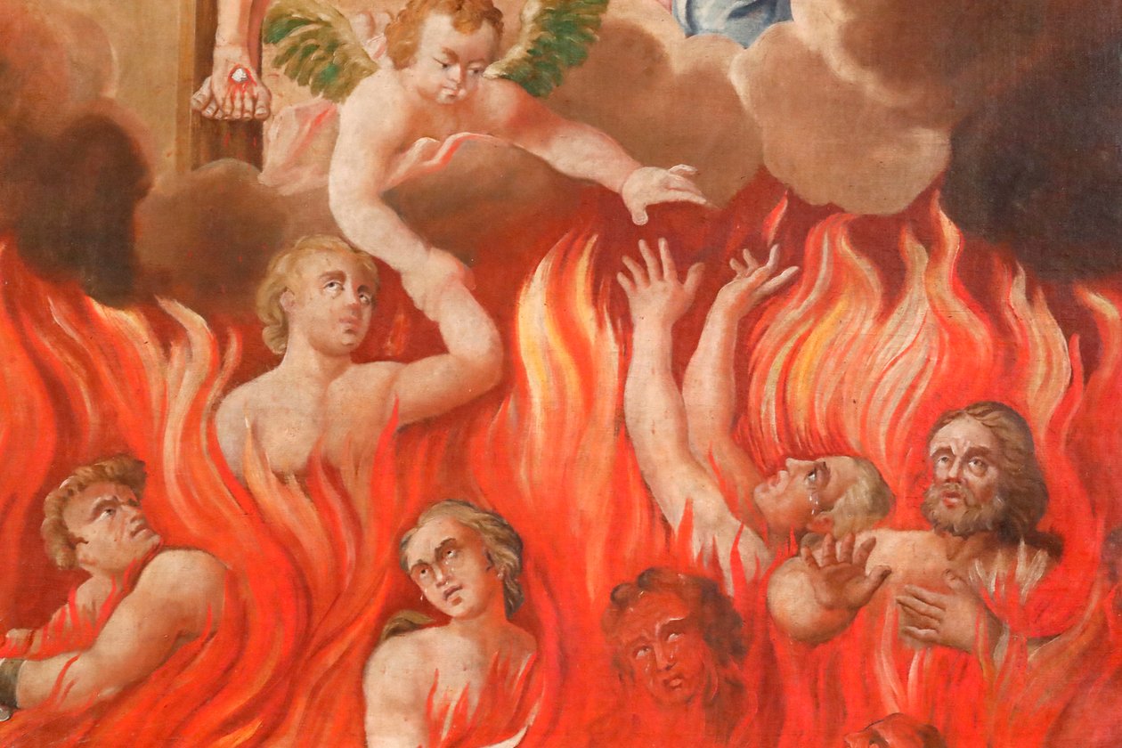 Saint-Nicolas de Veroce templom. Utolsó ítélet: a pokolba. A Megmentettek egy csoportja. Festmény. Franciaország. alkotó: French School