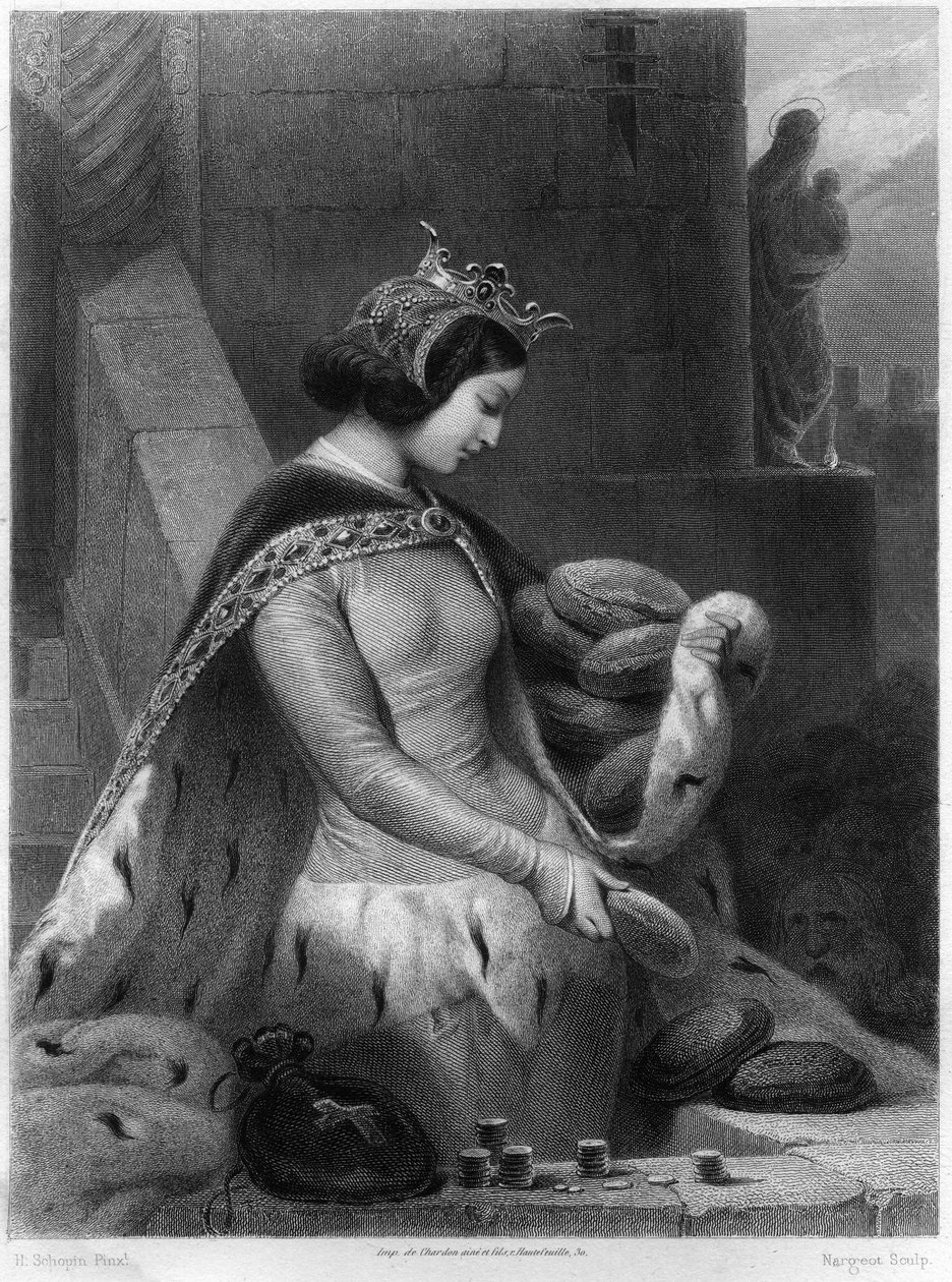 Szent Bathilde francia királynő (meghalt 680-ban) II. Clovis felesége. A Les Saintes Femmesben alkotó: French School