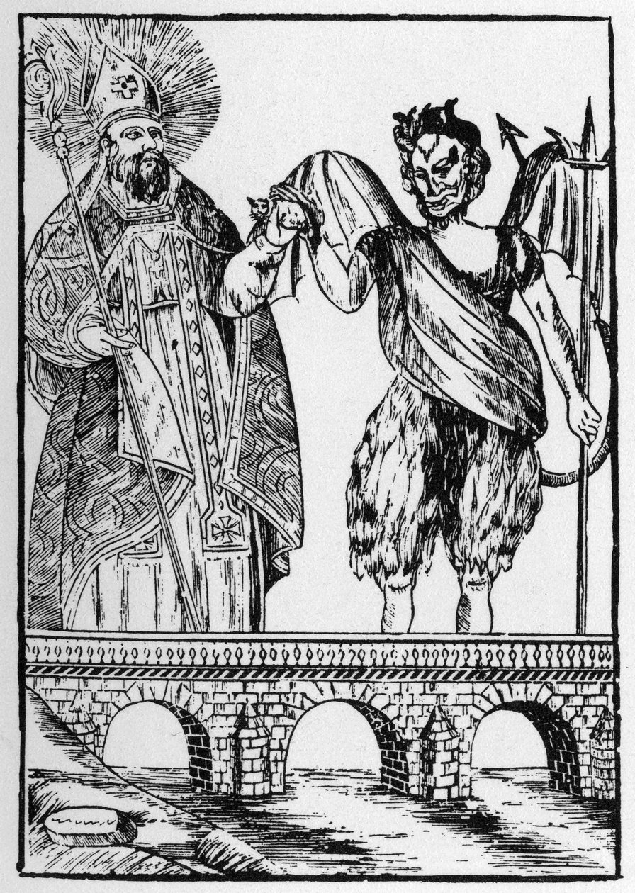 Szent Kádó (vagy Cadoc vagy Catuod vagy Catoc vagy Cazut vagy Cadochus) legendás szent keresztény egy macskát ad az ördögnek hídépítésért cserébe - népszerű képek Perret alkotó: French School