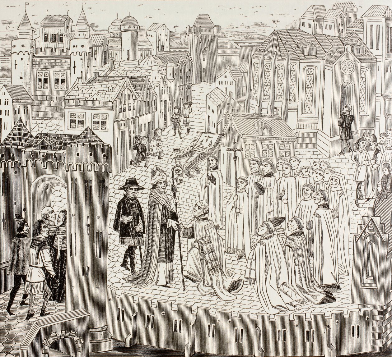Saint Gaugericus, Cambrai püspöke, aki kinevezésére érkezik a városba, Paul Lacroix „Katonai és vallási élet a középkorban” című művéből, London 1880 körül. alkotó: French School