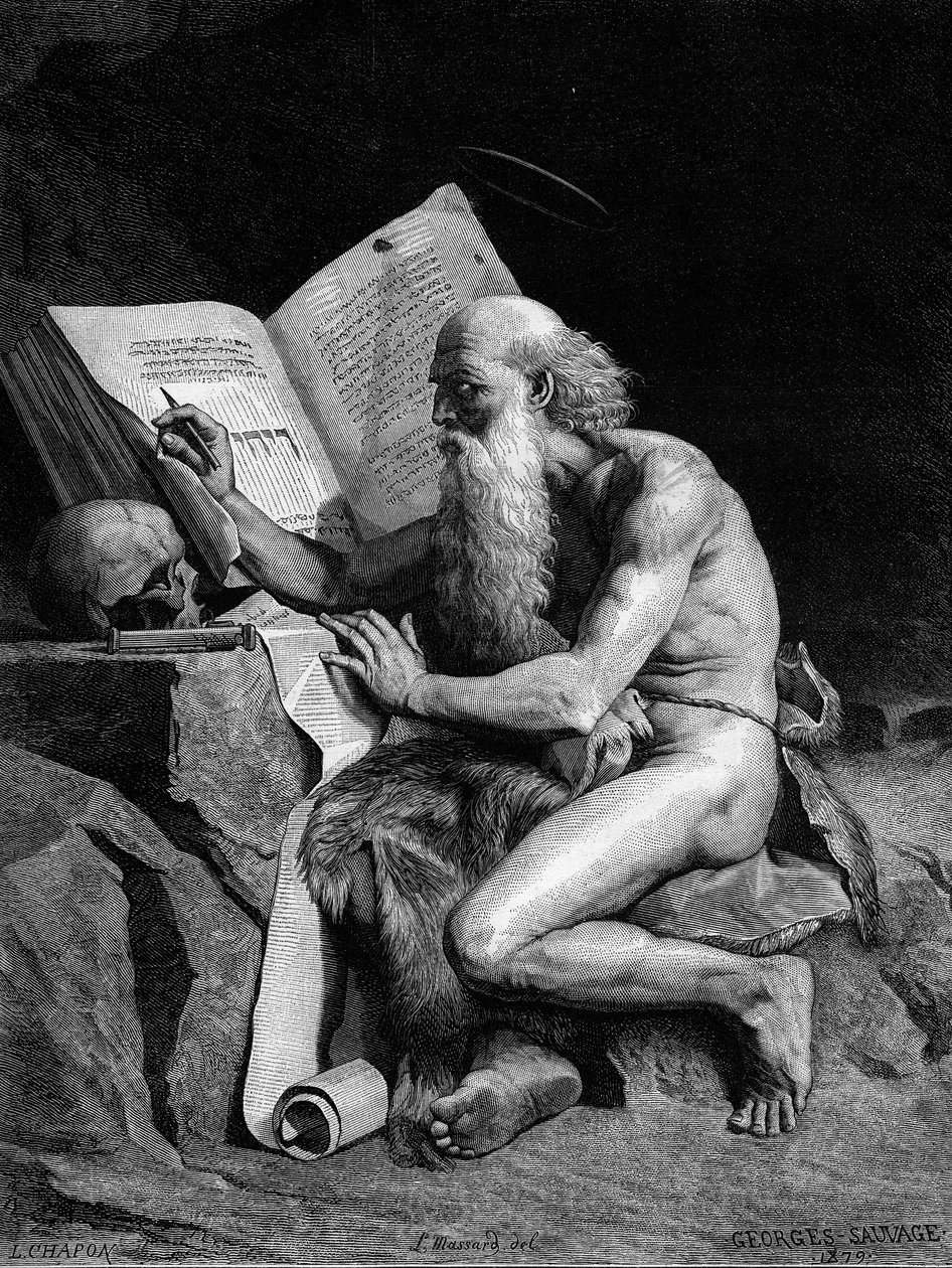 Szent Jeromos a sivatagban. Metszet Georges Sauvage (Auguste Albert Georges Sauvage dit) festménye nyomán (XIX. század). Metszet a „” Le Monde Illustré”” 1196. számában, február 28 alkotó: French School