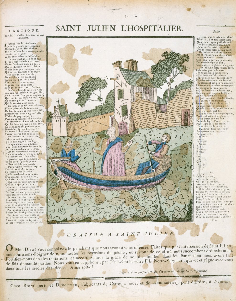Saint Julian the Hospitaller utazókat evez át a folyón, illusztráció a LImagerie Populaire-ből, P.L. Duchartre és R. Saulmer alkotó: French School