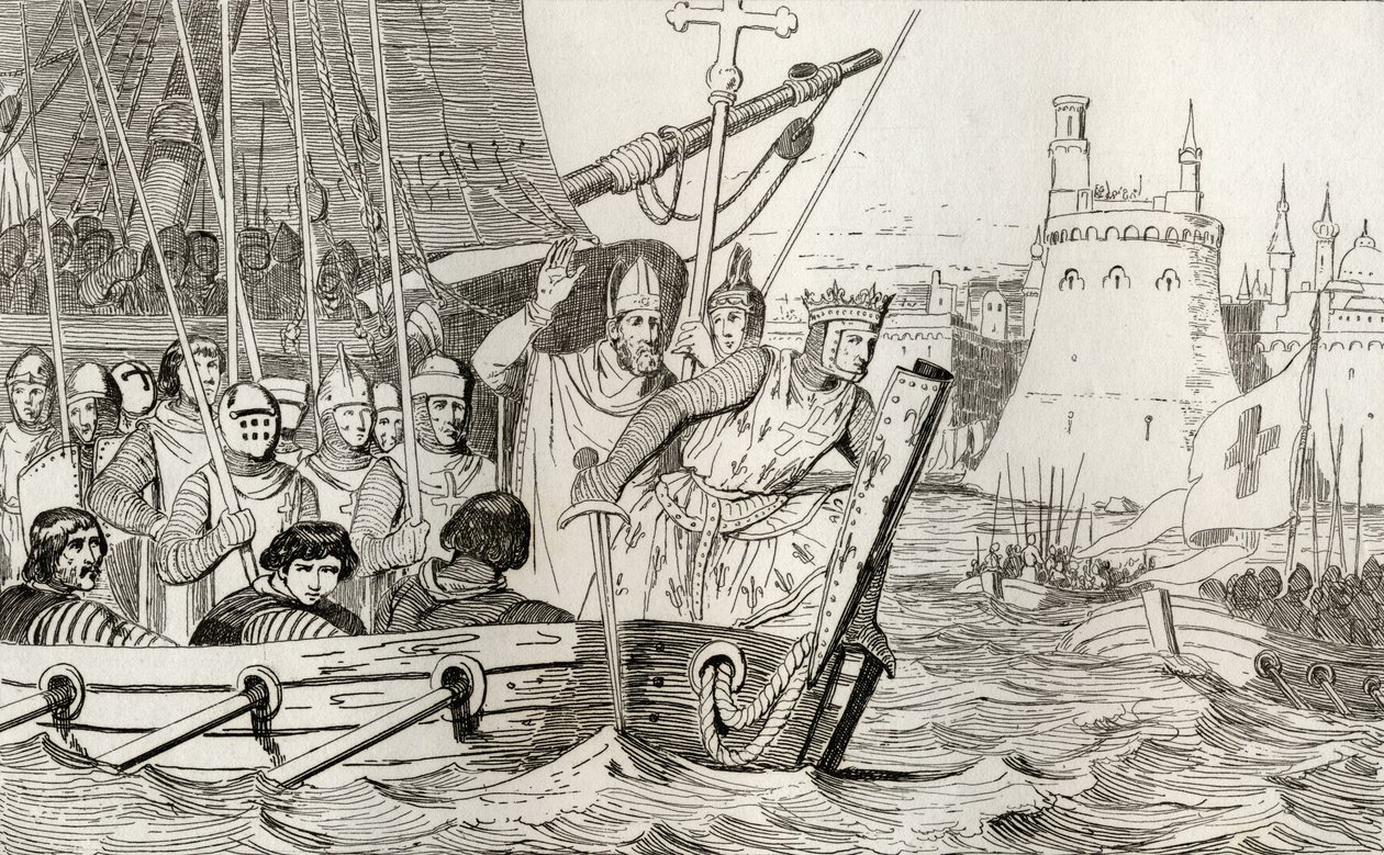 IX. Szent Lajos (1214-70) vezeti csapatait a csatában Colart „Histoire de France” című művéből, amely 1840 körül jelent meg alkotó: French School
