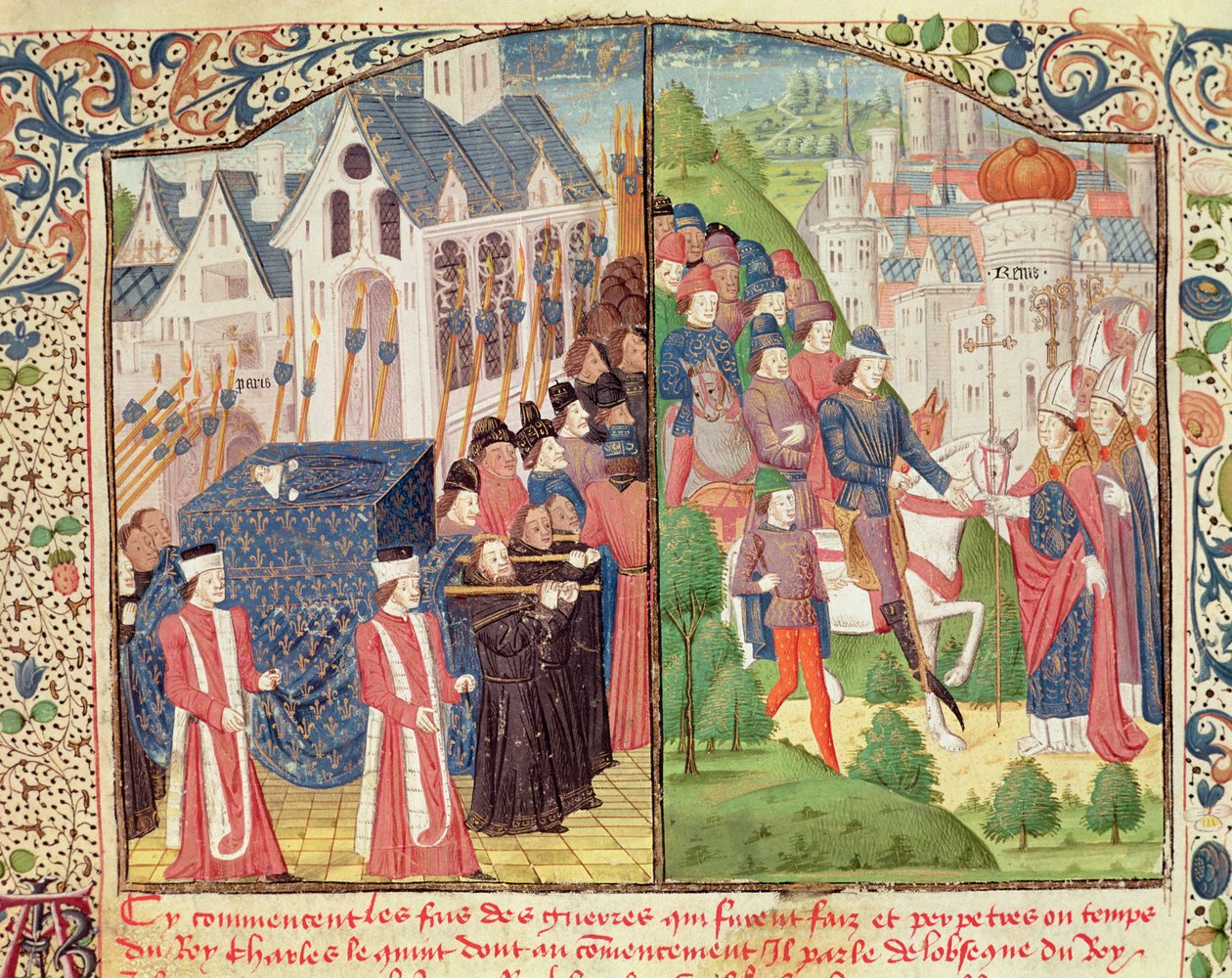 Szent Lajos temetése Párizsban 1270-ben és V. Károly érkezése Reimsbe 1364-ben, hogy királlyá koronázzák a katedrálisban, Jean Froissart (kb. 1337-kb. 1405) „Krónikák” kéziratából (vellum) alkotó: French School