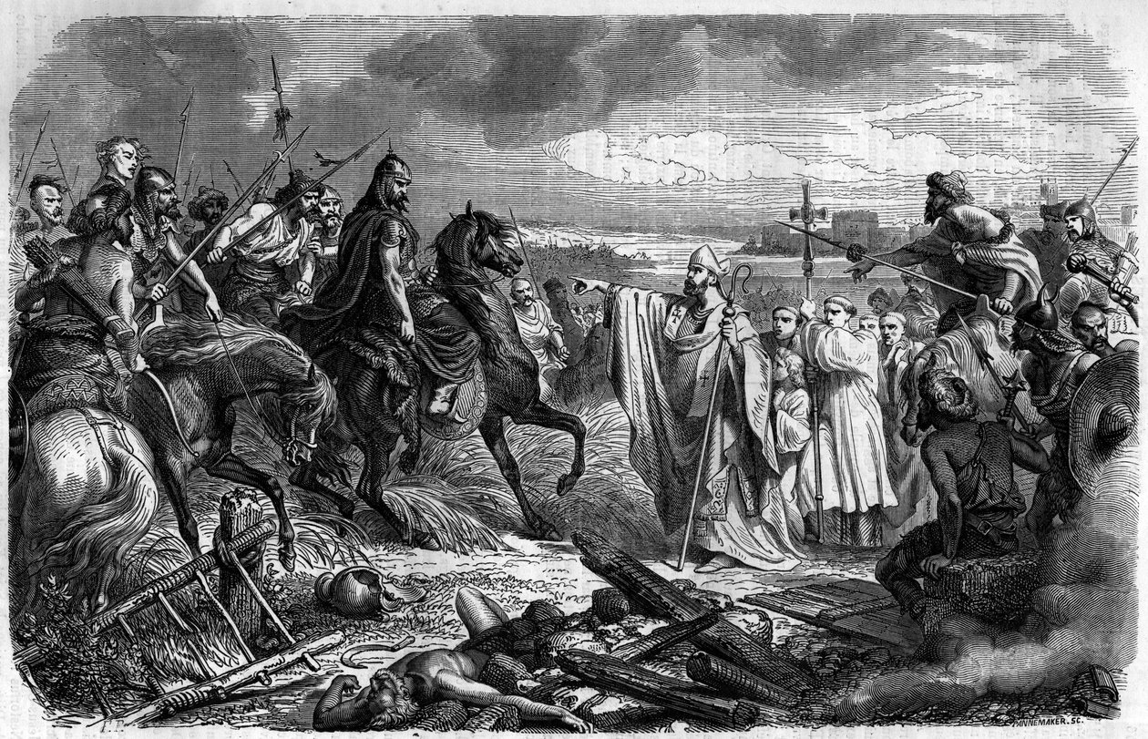 Saint Loup (vagy Saint-Loup, 383-479. vers), Troyes eveque megmenti a várost Attila (406-453. vers), a hun törzsek királya haragjától 451-ben - Barbár inváziók - Metszet a „Histoire des”-be Ma alkotó: French School