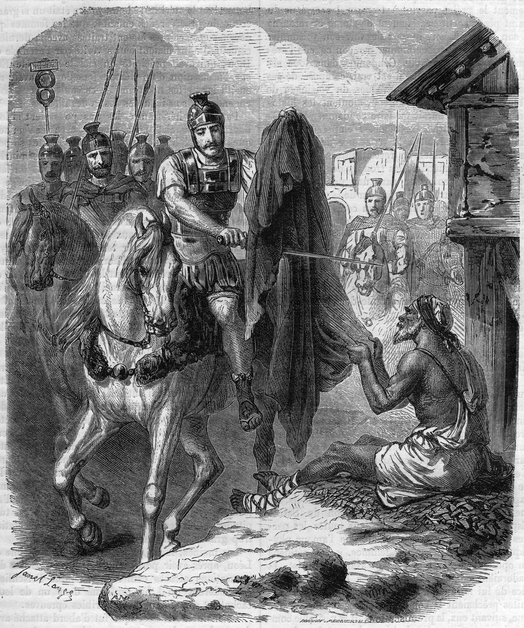 Saint Martin de Tours (Saint-Martin-de-Tours, 316-397. vers) két darabot készít a kabátjából, hogy odaadja egy szegény embernek. Metszet a „Histoire des Papes-Rois-Queen and Empereurs a travers les centuries” című könyvébe, Maurice Lachatre alkotó: French School