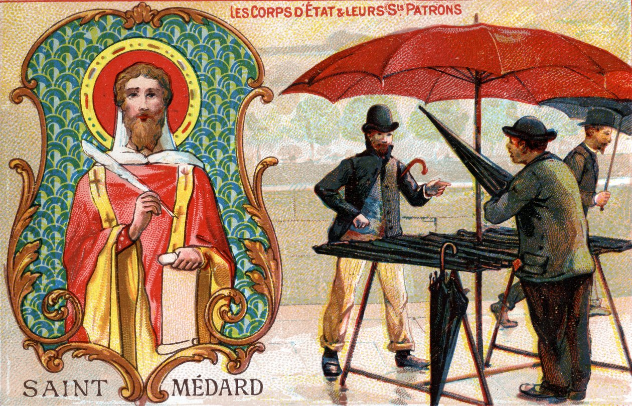 Saint Médard, az esernyő eladók védőszentje, 1910 körül (színes litó) alkotó: French School