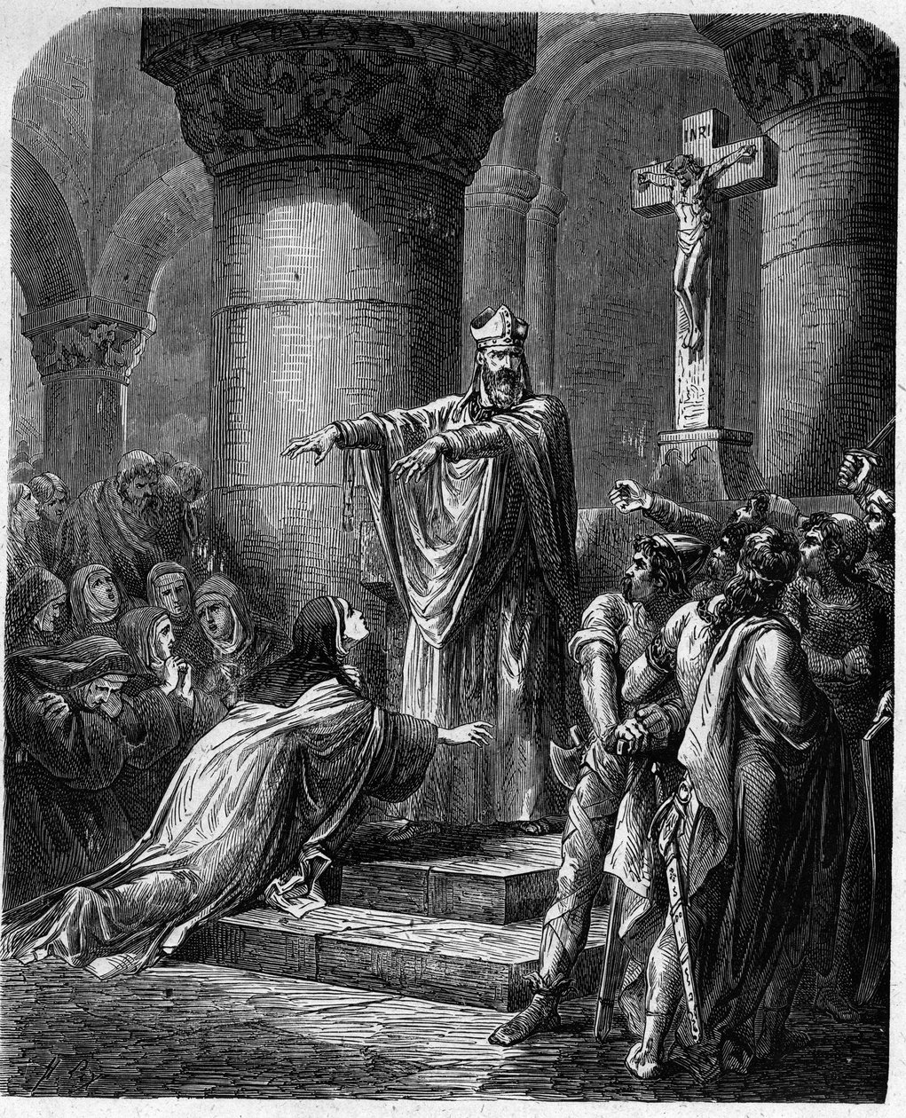 Noyoni Szent Medárd (meghalt 560-ban) vallásos ruhát ajánlott fel Saint Radegonde (kb. 520-587) Clothaire király feleségének. alkotó: French School