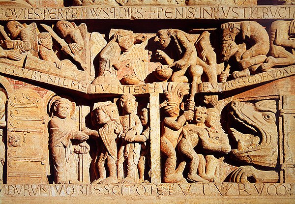 Szent Péter befogadja az áldottakat a mennybe, az elkárhozottakat pedig a pokol állkapcsába esnek, részlet az Utolsó ítéletből a West Portal Tympanumban, 1135 körül alkotó: French School