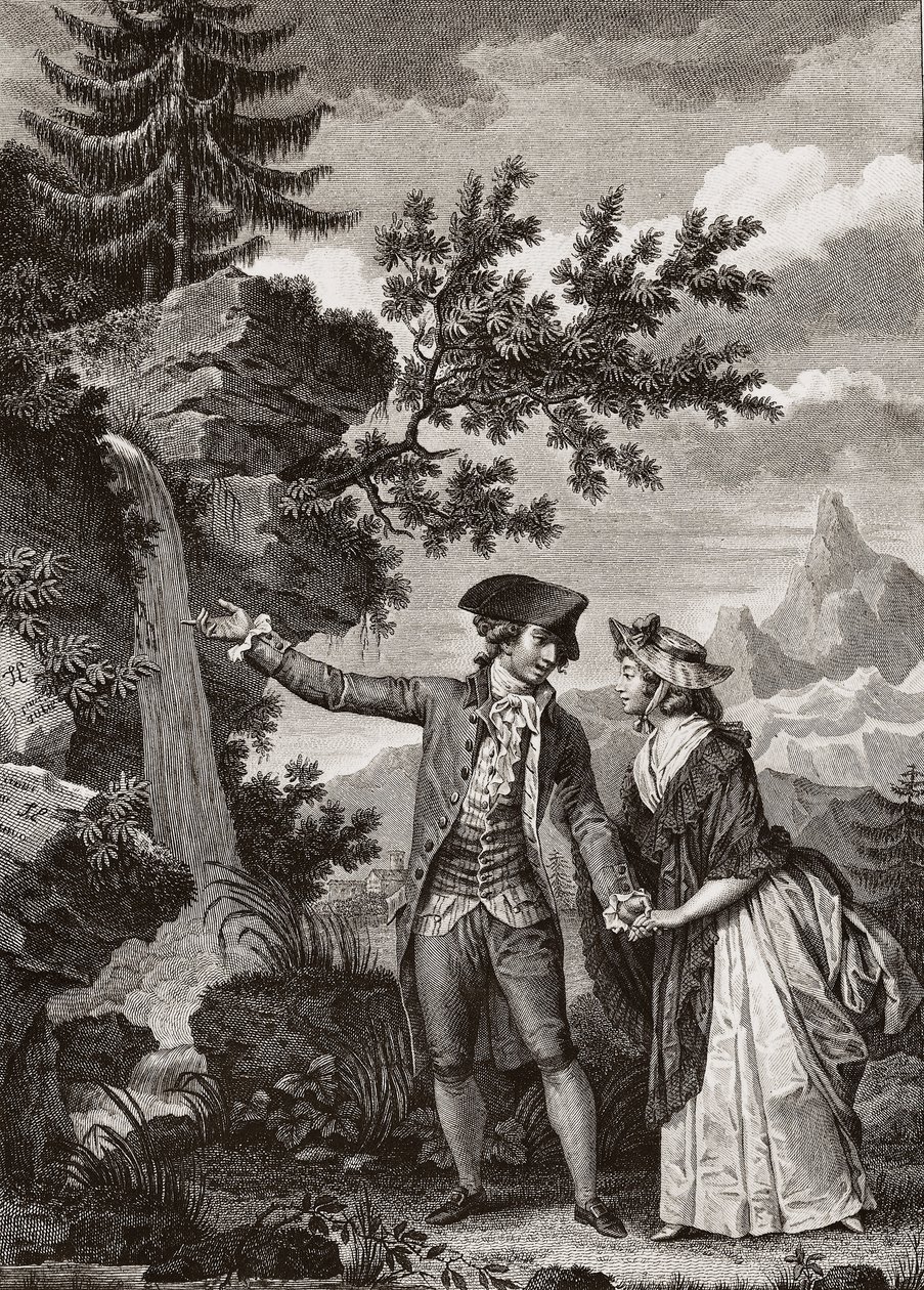 Saint Preux és Julie 1793-as metszete Jean Jacques (Jean-Jacques) Rousseau (1712-1778) svájci filozófus „Julie ou la nouvelle Heloise” című művéhez – Julie és Saint-Preux, illusztráció Jean-Jause Rousse „La Nouvelle Heloise” című művéből (1712-78) (metszet alkotó: French School