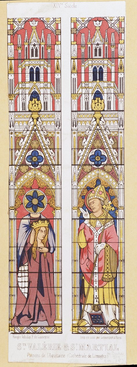 Szent Valerie, szűz és vértanú Limoges-ban (3. század) és Saint Martial, Limoges-i eveque (3. század), Aquitánia védőszentje. Fac simile a Cathedrale de Limoges ólomüveg ablakait reprodukálja. alkotó: French School