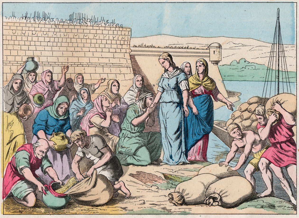 Sainte Genevieve ételt oszt a lakosságnak az Attila hunok serege által 451-ben történt Párizs ostroma alatt (barbár inváziók) - Sainte Genevieve és a párizsiak - A 19. század végi metszet a „Nos Gires Nationales - Images alkotó: French School