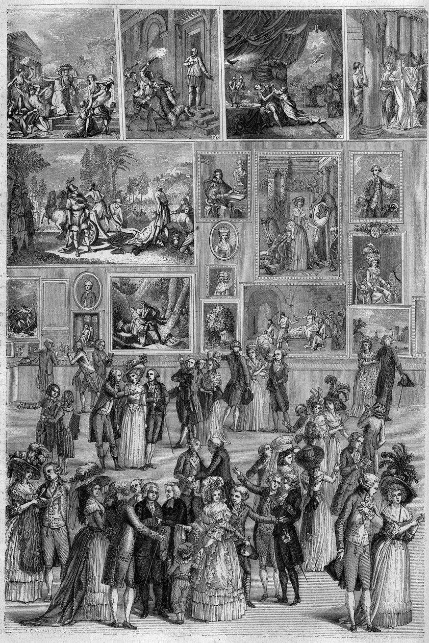 Salon de 1787: kilátás a Salon Carre-ra a Louvre-ban a párizsi festménykiállításon. Martini metszetei a "" The Picturesque Store"-ban alkotó: French School