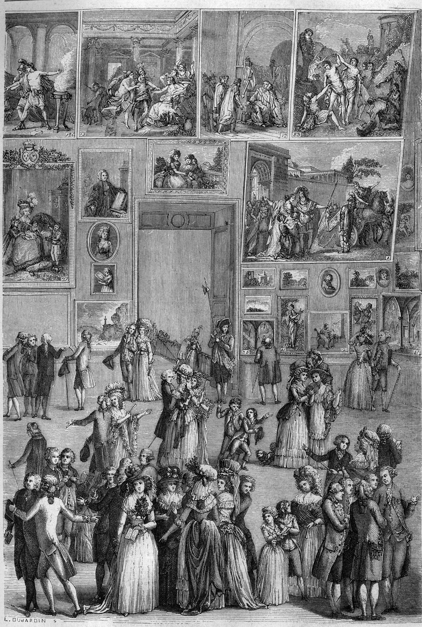 Salon de 1787: kilátás a Salon Carre-ra a Louvre-ban a párizsi festménykiállításon. Martini metszetei a "" The Picturesque Store"-ban alkotó: French School
