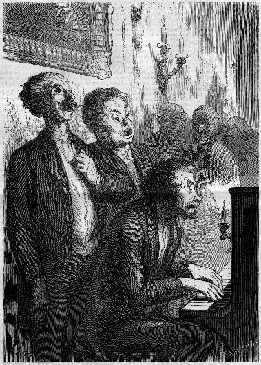 Singer Lounge. Honore Daumier (1808-1879) rajzfilmje. Metszet a „” Le Monde Illustré”” 290. számában, 1862. november 1.. alkotó: French School