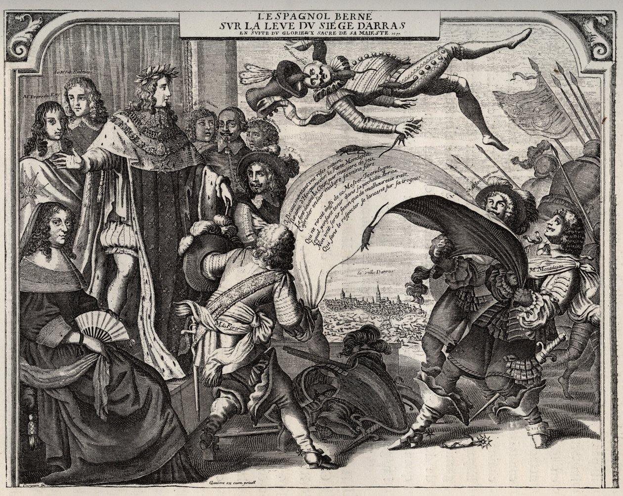 Szatirikus allegória Arras ostromának felemelkedéséről 1654-ben XIV. Lajos (1638-1715) megkoronázása után. Balra lent Anna osztrák királynő (1601-1666). XIV. Lajos mellett, a király bal oldalán áll Jules Mazarin bíboros (1602-1661). Engravi alkotó: French School