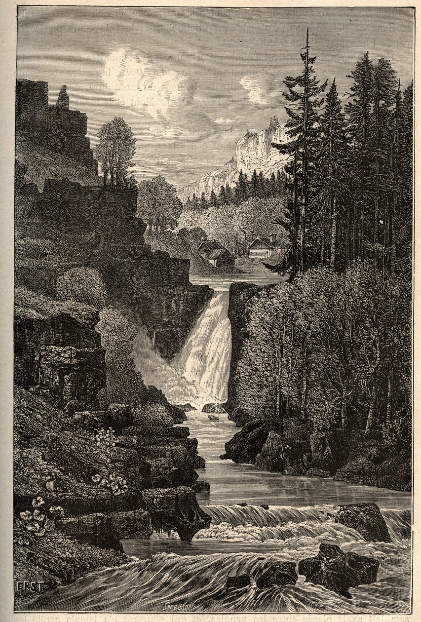 Saut du Doubs (vízesés) Franche-Comte – metszet „” PATRIE” betűkkel” – FRANCIAORSZÁG PECTURESSE LEÍRÁSA 6 KÖTETŐBEN LUCIEN HUARD - 19. század vége alkotó: French School