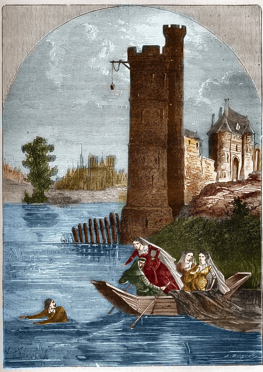 A neslei torony botránya (ügye): Buridannak 1314-ben sikerült megszöknie a párizsi Nesle-toronyból Marguerite burgundi királynő (1290-1315) les miatt. Metszet „Histoire de la prostitúció et de la debauche dans les peuples du g” alkotó: French School