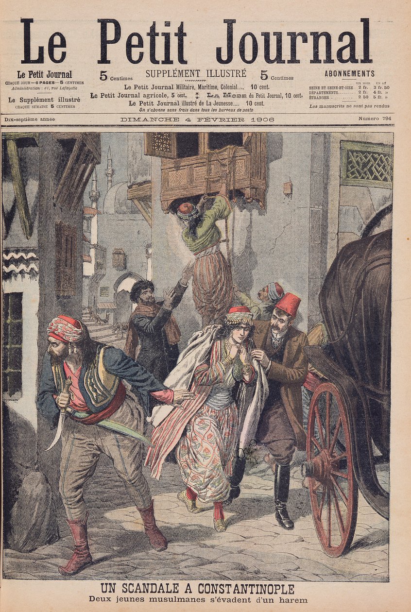 Botrány Konstantinápolyban, két fiatal muszlim hölgy menekül a háremből, illusztráció a „Le Petit Journal”-ból, 1906. február 4. alkotó: French School