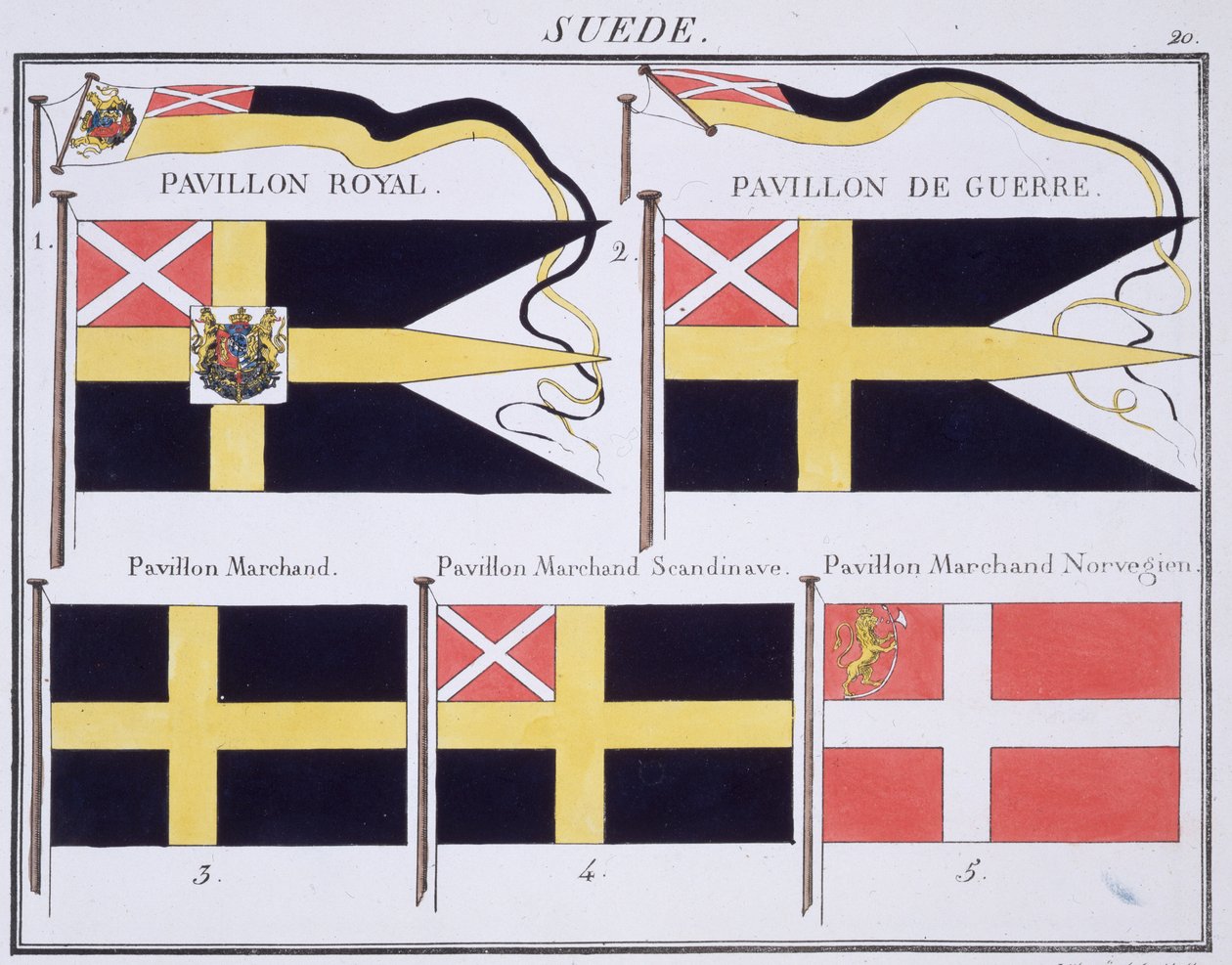 Skandináv zászlók, egy francia zászlóskönyvből, 1819 körül alkotó: French School