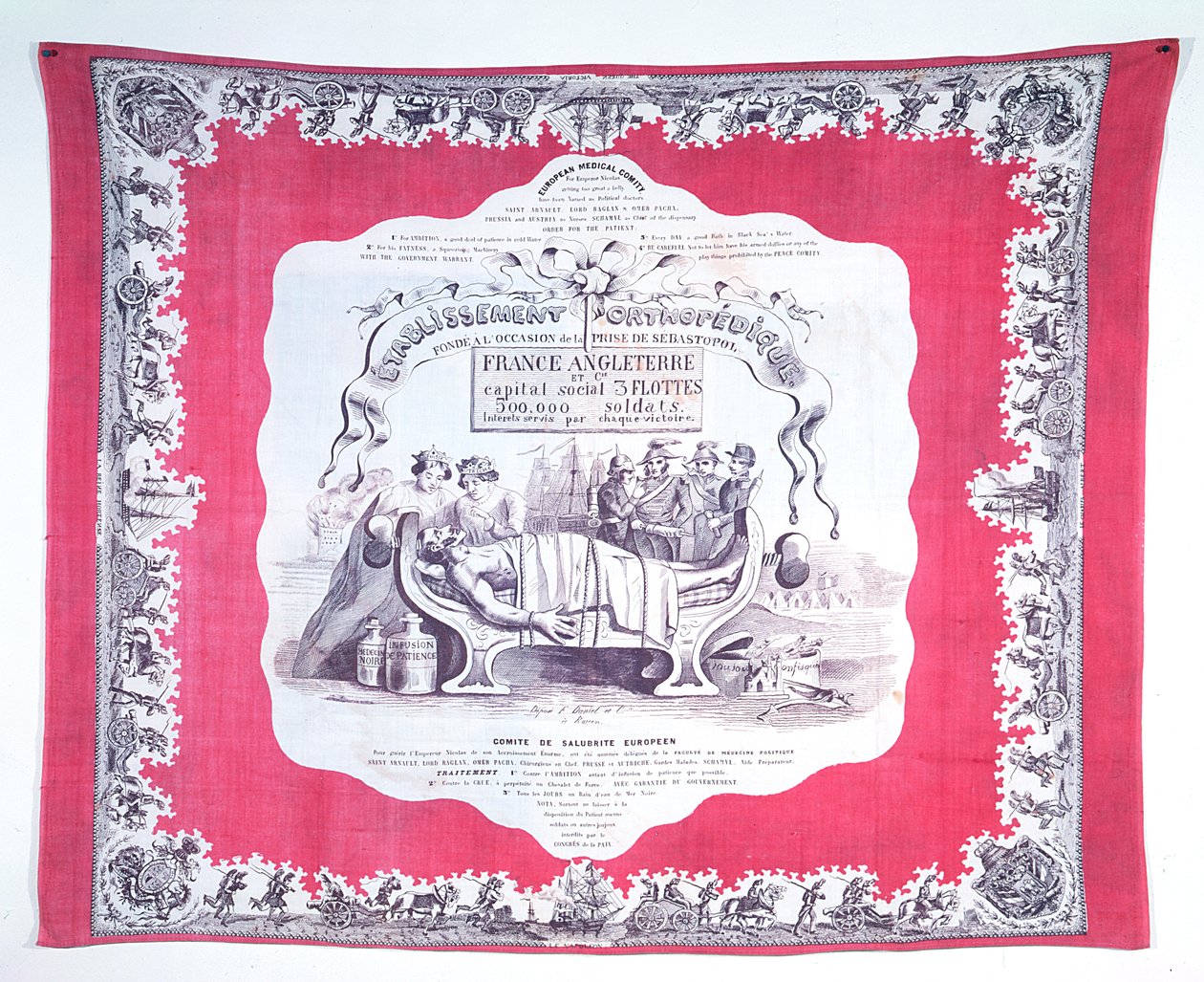 A kapzsiságtól és ambíciótól megbetegedett Oroszországot karikatúrázó sál a krími háború alatt, 1856 körül (nyomott selyem) alkotó: French School