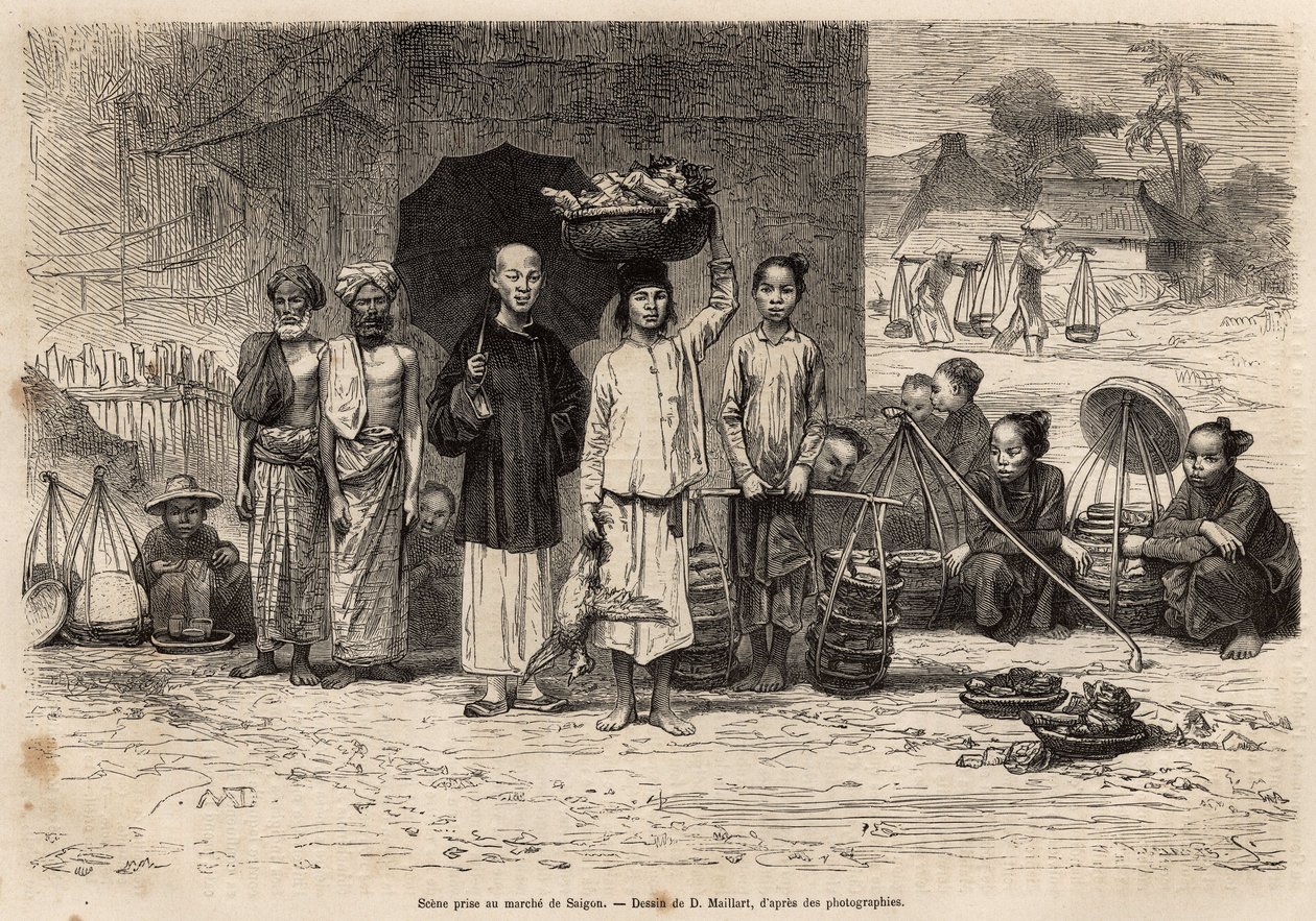 Jelenet a saigoni piacról, metszet D.Maillard rajza után, amely a Cochinchina felé vezető utat illusztrálja, Doktor Morice, 1872-ben, megjelent a "" Le tour du monde"" 1875-ben, szerkesztette Edouard Charton, Hachette kiadás, Párizs. Selva kollekció. alkotó: French School