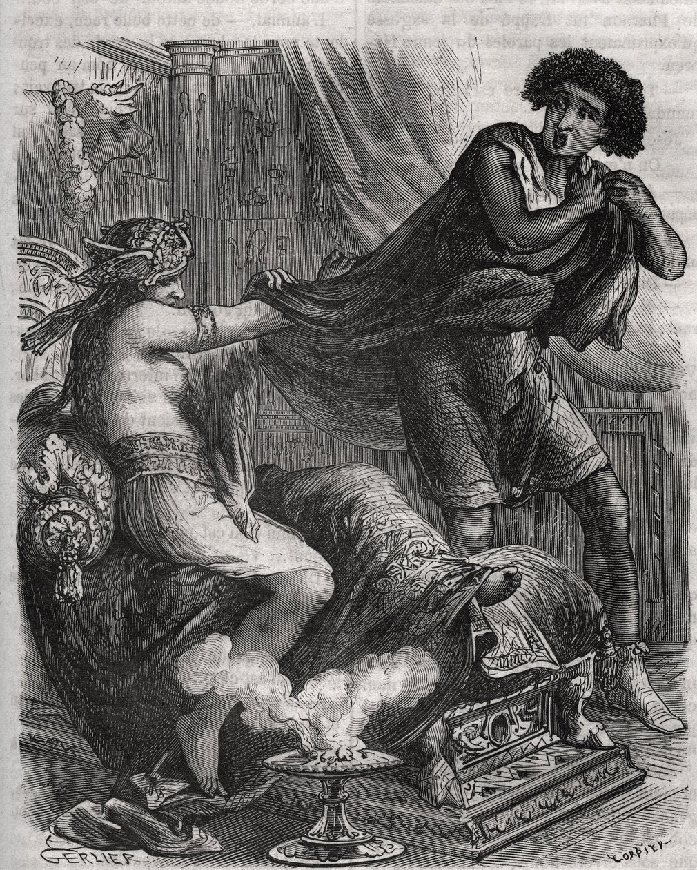 Jelenet a Bibliából: „” Megragadta a túl erényes fiatalembert a zubbonyánál””. Putiphar (Potifár) felesége megpróbálja elcsábítani Józsefet, a fáraó rabszolgáját. Metszet 1871-ből Henry de Kock (1819-1892) „Histoire Des Cocus Celebres” c. alkotó: French School