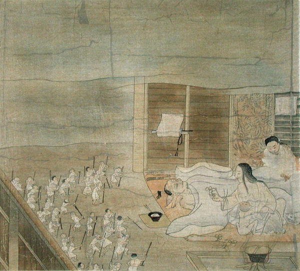 A delírium jelenete, egy 12. századi kakemono másolata, amelyet Mitsunaga Fujiwarának tulajdonítanak, a "The Kokka"-ból, 1904. április (színes litográfia). alkotó: French School