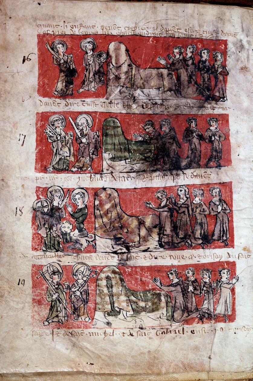 A párizsi College of Hubant vagy az Ave Maria hallgatói életének jelenete A diákélet jelenete (evangélisták ábrázolásai) és a főiskola szabályzata. 16–19. sávok. Kéziratoldal „” Livre des statutes du College de Hubant ou de l