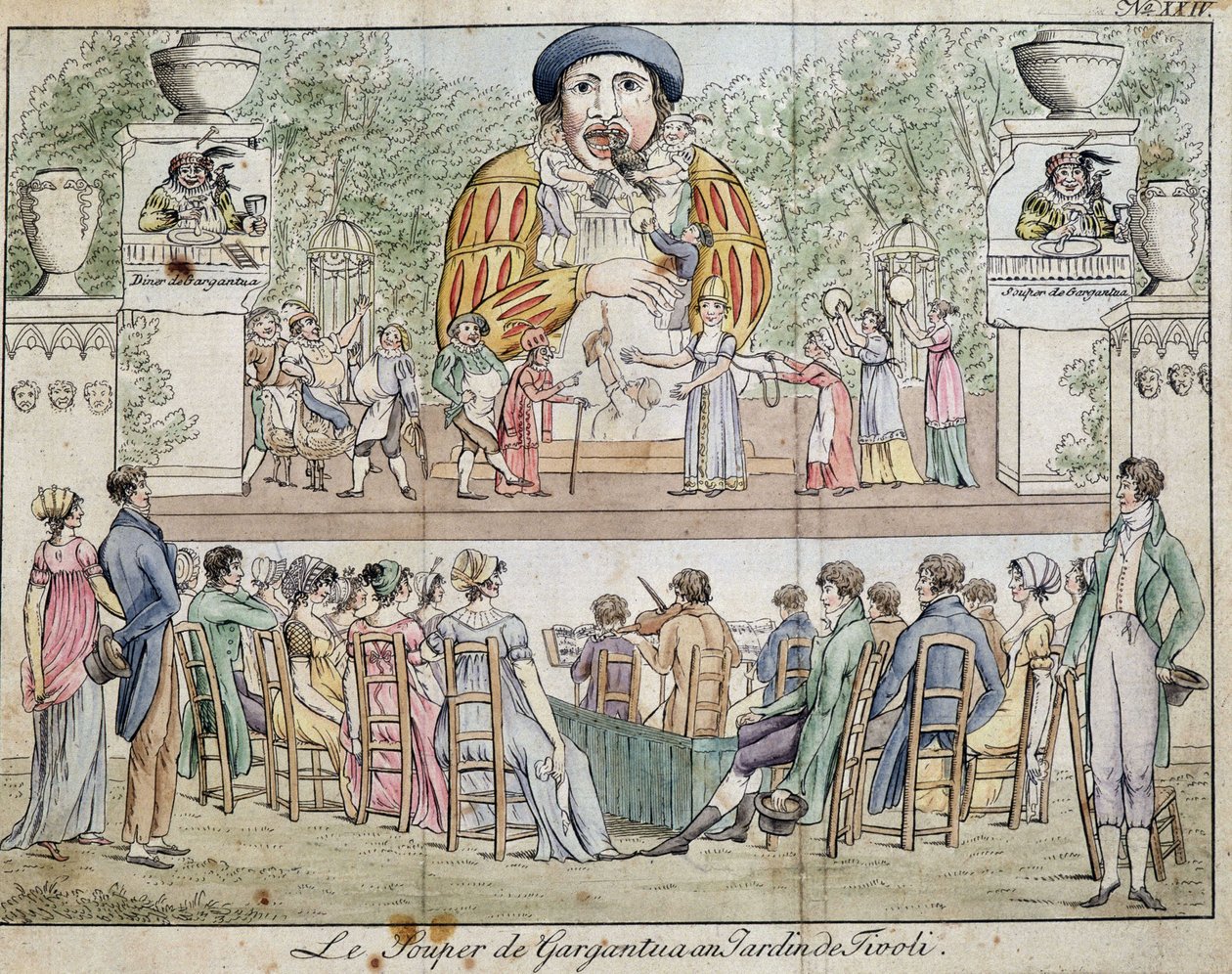 A gargantuai vacsora jelenete közönséggel, a Tivoli kertjének látványossága, c. 1805. alkotó: French School