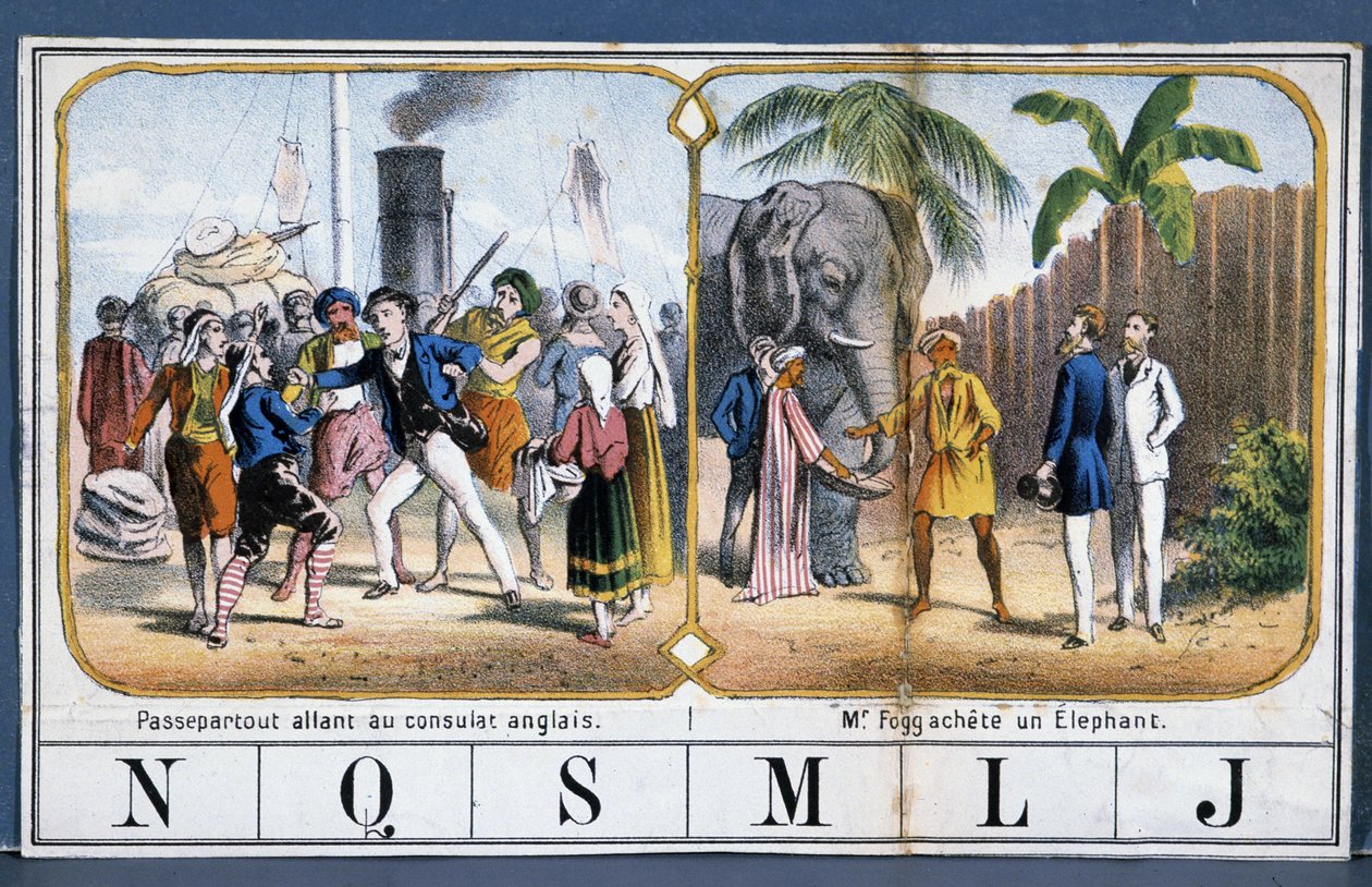 Jelenetek Passepartouttal és Phileas Fogggal Indiában, ill. Jules Verne „The World Tour” című játékából, n.d. század vége. alkotó: French School