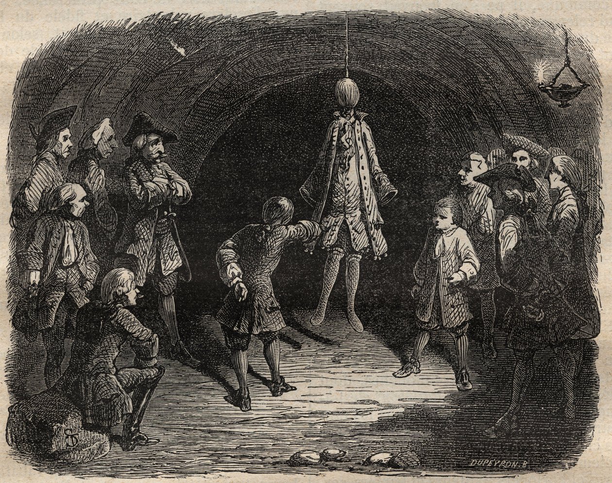 A tolvajok iskolája, amelyet a brigand Louis Dominique Garthausen (1693-1721) a párizsi pályafutása során hozott létre: egy modell lógott a mennyezetről, akinek zsebeit ki kell üríteni anélkül, hogy megmozdulna, ha lövésesőt kaphatna - Tolvajok iskolája alkotó: French School