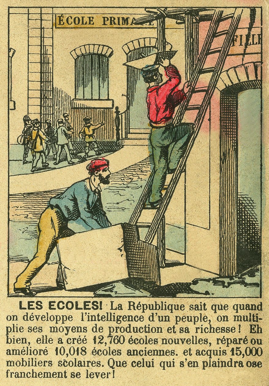 Iskolák, bemutatva a Harmadik Köztársaság előnyeit az iskolai oktatás fejlesztésében. Metszet, „” Le Figaro, melléklet”, 1889.03.30., Párizs. Coll. Selva. alkotó: French School