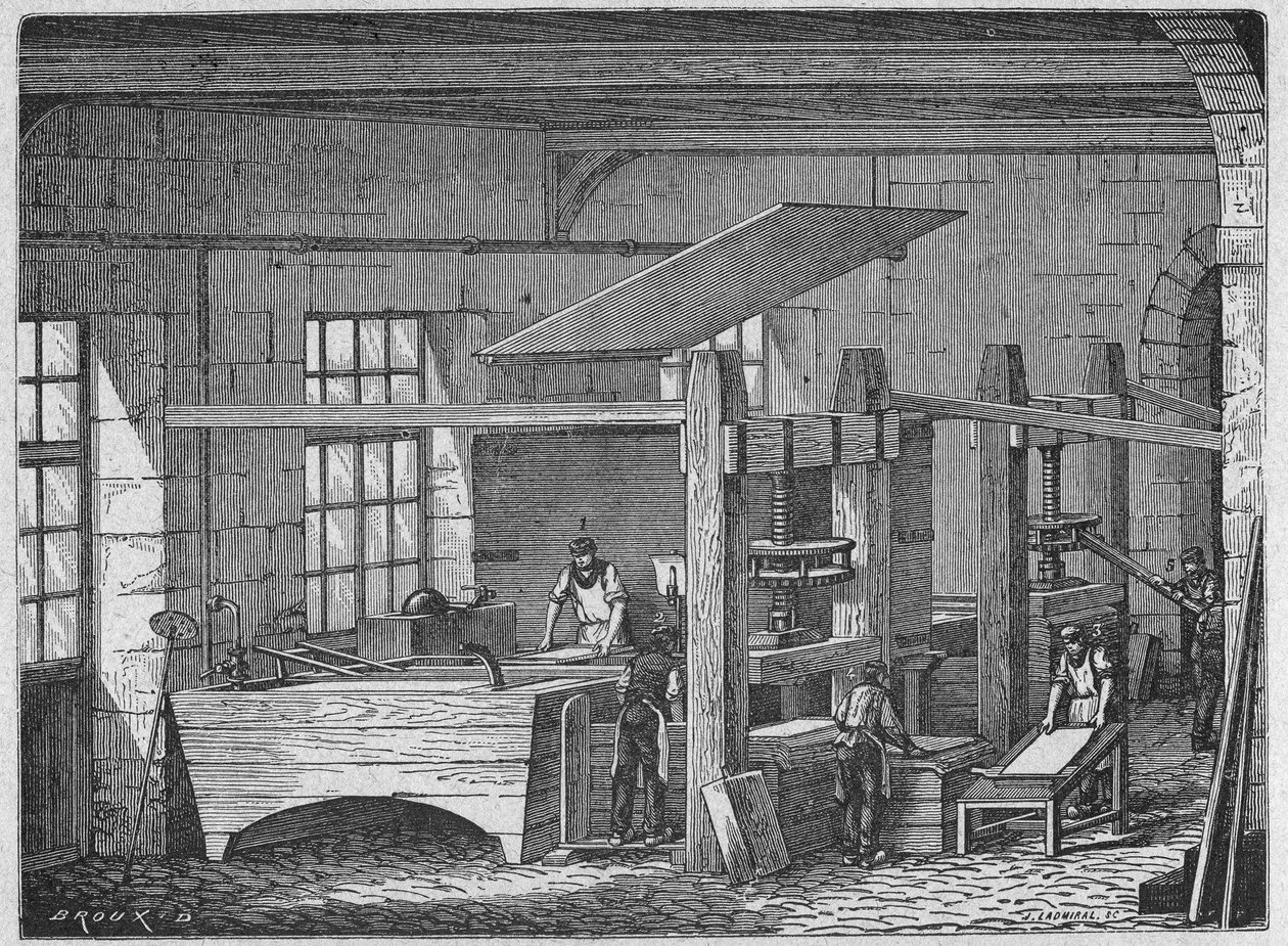 Tudomány. Papír készítés. Kézzel készített papír. Metszet itt: Nagy emberek és nagy ipari tények, Franciaország, 1880 körül (metszet) alkotó: French School