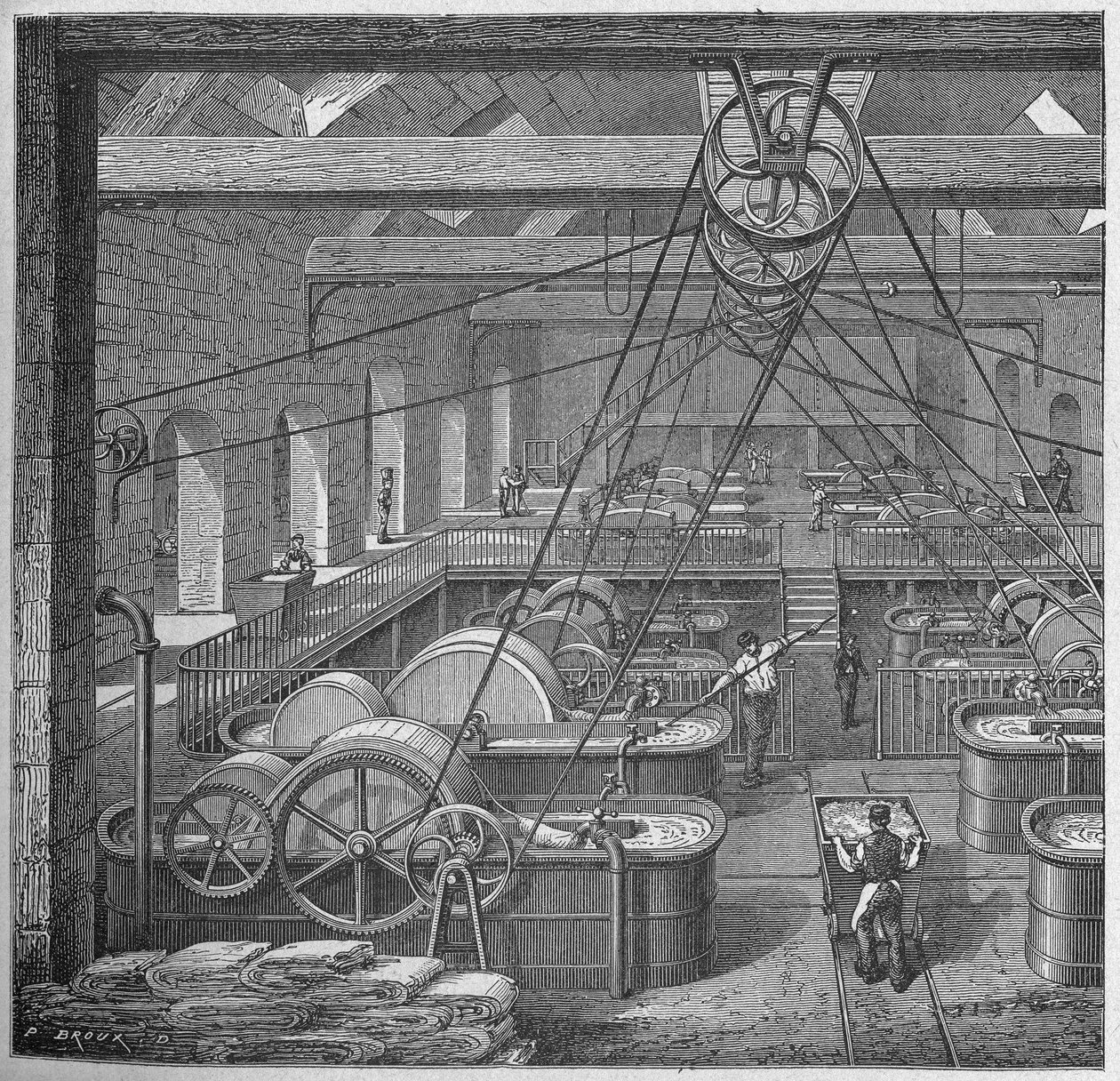 Tudomány. Papír készítés. Kádak rongyokhoz (pamutpapírgyártás). Metszet itt: Nagy emberek és nagy ipari tények, Franciaország, 1880 körül (metszet) alkotó: French School