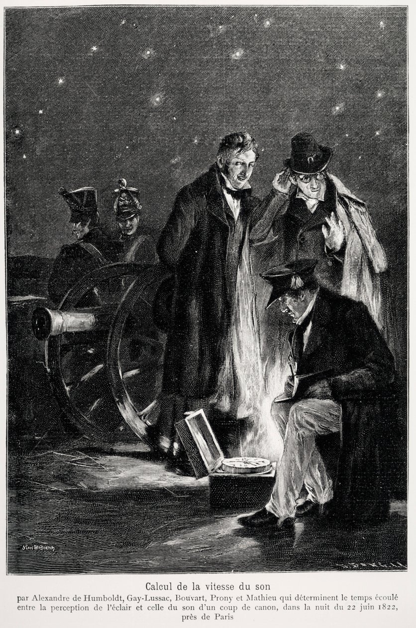 Tudományos kísérlet: Humboldt, Louis-Joseph Gay-Lussac (Louis Joseph Gay Lussac), Bouvard, Prony és Mathieu hangsebesség-számítása, amely meghatározza a fény érzékelése és a fegyverlövés között eltelt időt. az éjszakán alkotó: French School