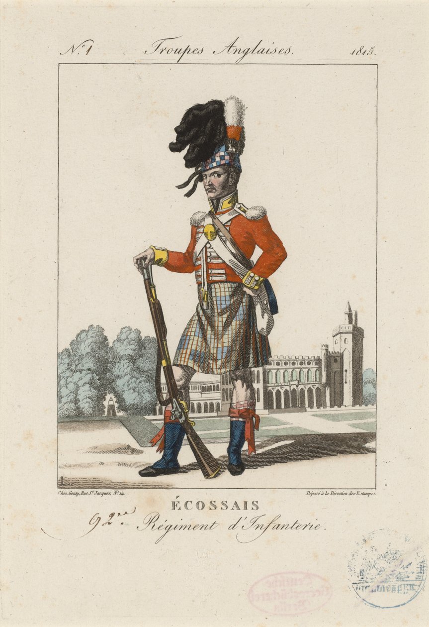 Skót 92. gyalogezred, 1815 körül (színes rézkarc) alkotó: French School