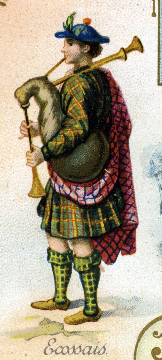 skót férfi. A párizsi litográfia kiadása, 19. század vége. 25 reklámkrómból álló sorozat a dijoni Pernot keksz gyártásához, 1869-ben. A karakterek részlete népviseletben alkotó: French School