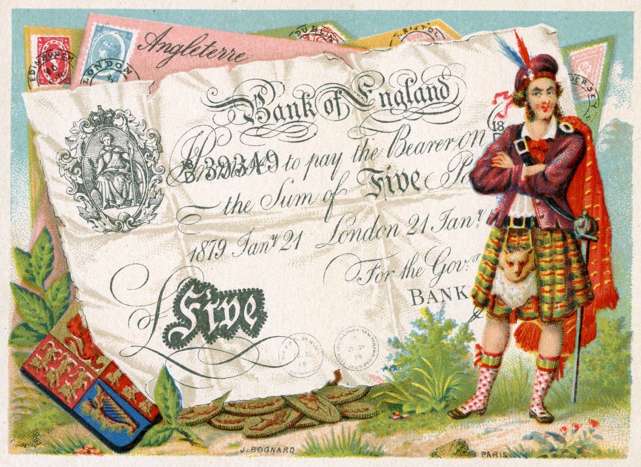 Skót katona őrzi a Bank of England ötfontos bankjegyét, 1886-95 alkotó: French School