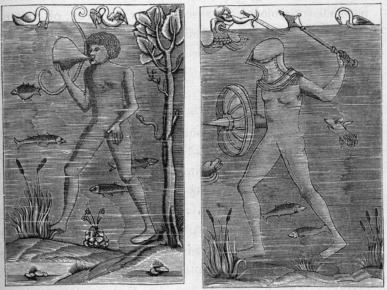 Tengeri katona: a búvár és a fegyveres ember. századi fafigurákból készült metszetek. A „La Marine et les colonies: kereskedelemben” alkotó: French School