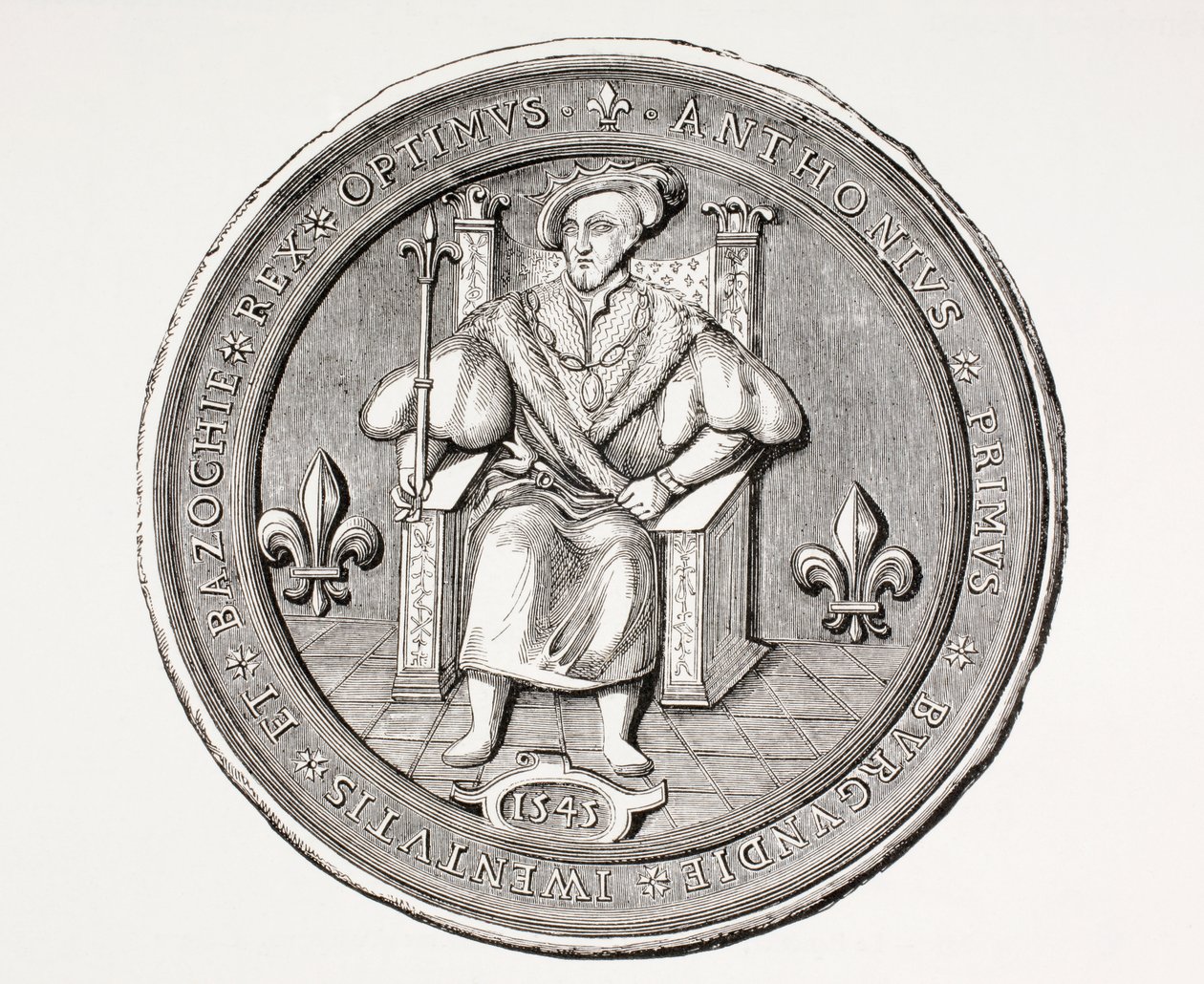 Basoche királyának, a párizsi bírósági rendszer jogi hivatalnokainak céhének vezetőjének pecsétje a Les Arts au Moyen Age-ből, 1873. alkotó: French School