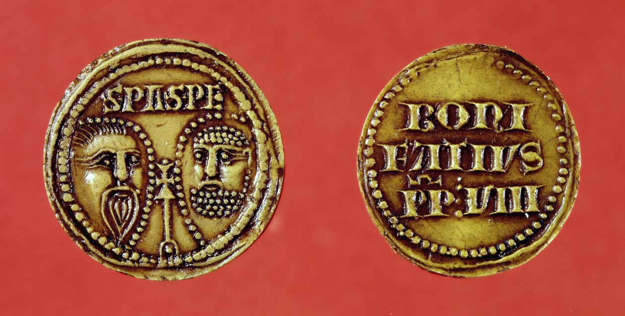 Pecsét Szent Pál és Szent Péter fejével, VIII. Bonifác pápa bullájából, recto and verso, 1295 (viasz) alkotó: French School